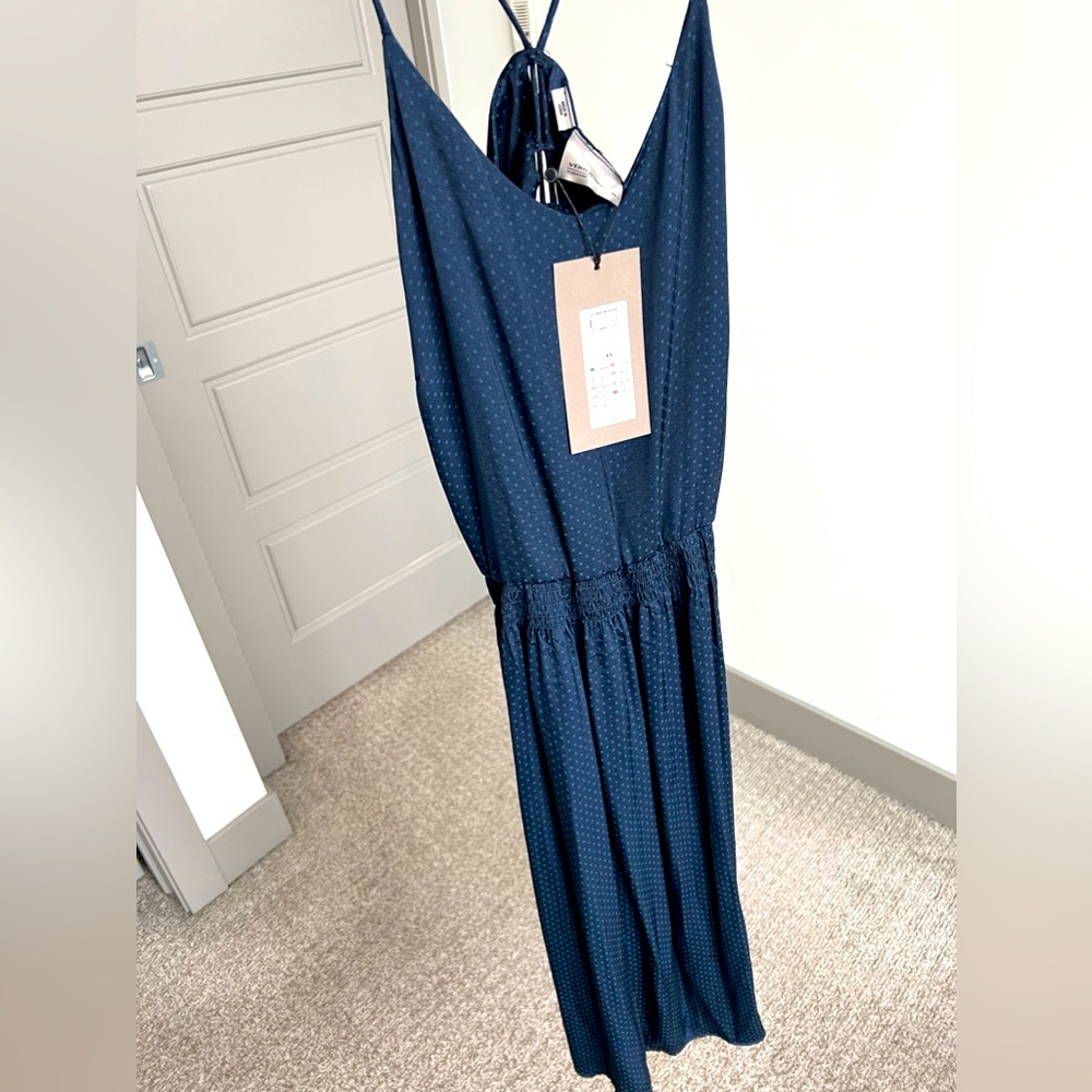 Vero Moda Navy Dress with square-dot pattern, side slit and faux corset back tie